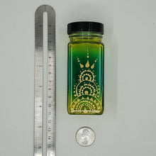 Load image into Gallery viewer, Hand Stained-Painted glass jar -green fading to yellow (ombre) with intricate gold (henna style) designs -spice jar
