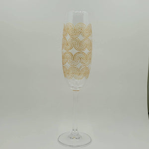 Hand Painted Champagne Glass with intricate Gold Bohemian Henna Designs. Elegant and stunning