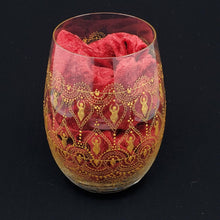 Load image into Gallery viewer, Hand Painted Sacred Goddess Chalice Goblet Wine Glass . Goddess figure with moon cycles and intricate gold (henna style) designs
