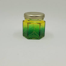 Load image into Gallery viewer, Hand Stained-Painted glass jar- green fading to yellow with intricate gold henna style designs in gold

