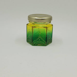 Hand Stained-Painted glass jar- green fading to yellow with intricate gold henna style designs in gold