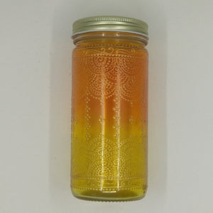 Hand Stained-Painted glass jar- orange fading to yellow (Ombre) with intricate gold 'henna style' designs. Bohemian centerpiece.