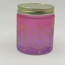 Load image into Gallery viewer, Hand Stained-Painted glass jar- purple fading to pink (ombre) with intricate gold (henna style) designs. Bohemian centerpiece
