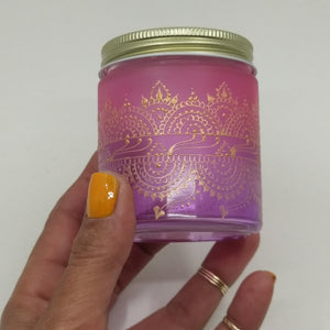 Hand Stained-Painted glass jar- purple fading to pink (ombre) with intricate gold (henna style) designs. Bohemian centerpiece