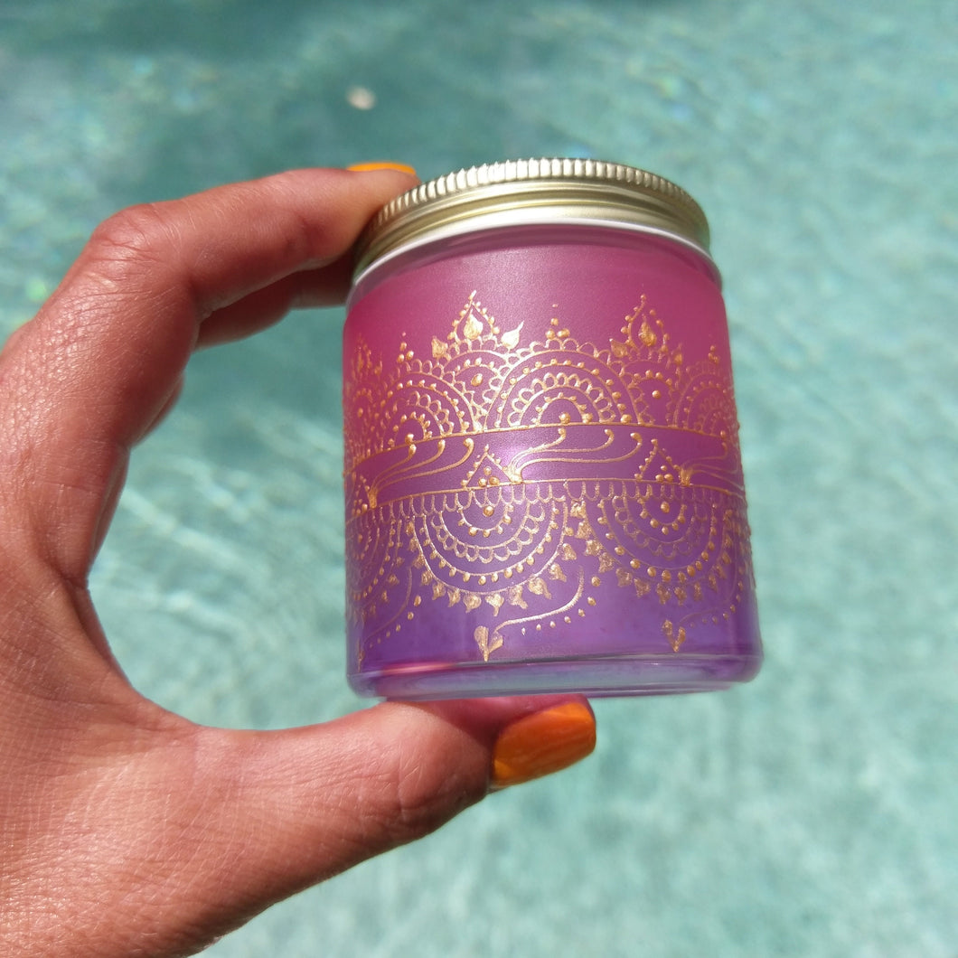 Hand Stained-Painted glass jar- purple fading to pink (ombre) with intricate gold (henna style) designs. Bohemian centerpiece
