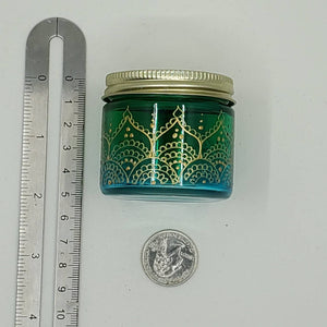 Hand Stained-Painted glass jar - green fading to blue (ombre) with intricate gold (henna style) designs.