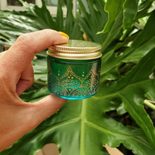Load image into Gallery viewer, Hand Stained-Painted glass jar - green fading to blue (ombre) with intricate gold (henna style) designs.
