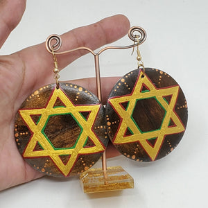 Rasta-  Star of David 'red gold and green' -hand painted wood earrings