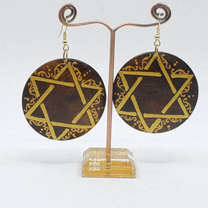 Rasta-  Star of David 'brown and gold' -hand painted wood earrings