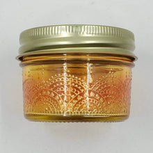 Load image into Gallery viewer, Hand Stained - Hand Painted wide mouth glass jar - yellow fading to orange (ombre) with intricate gold (henna style) designs. Boho
