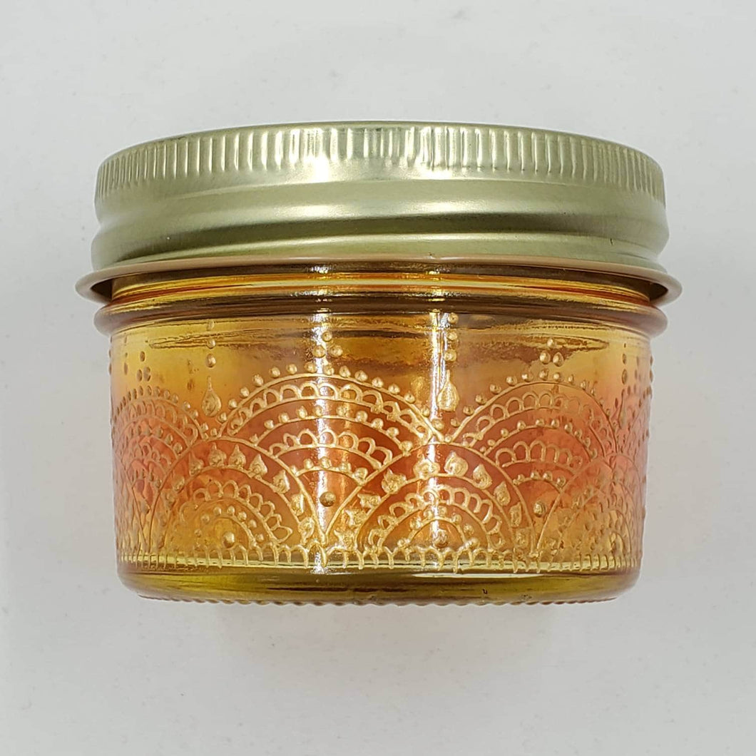 Hand Stained - Hand Painted wide mouth glass jar - yellow fading to orange (ombre) with intricate gold (henna style) designs. Boho