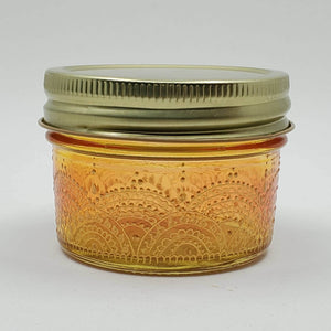 Hand Stained - Hand Painted wide mouth glass jar - yellow fading to orange (ombre) with intricate gold (henna style) designs. Boho