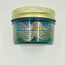 Load image into Gallery viewer, Hand Stained - Hand Painted wide mouth glass jar - blue fading to green (ombre) with intricate gold (henna style) designs. Boho
