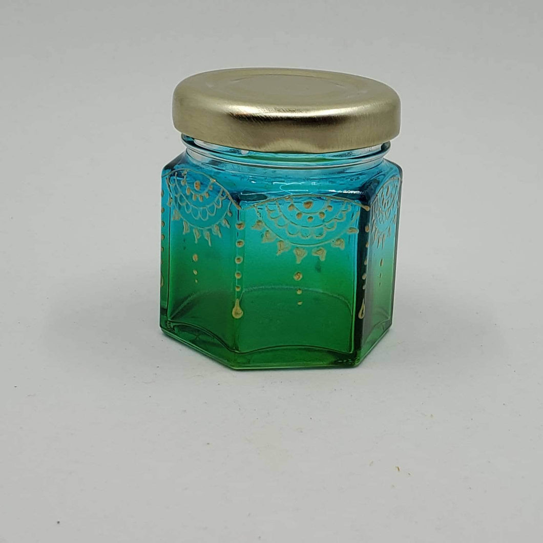 Hand Stained-Painted glass jar- green fading to blue with intricate gold henna style designs in gold