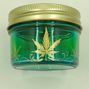 Hand Stained - Hand Painted glass nug jar - Wide Mouth! Green fading to blue (Ombre) with gold marijuana leaves and swirls . Boho
