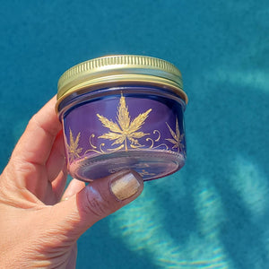 Hand Stained - Hand Painted glass nug jar - Wide Mouth! Purple fading to blue (Ombre) with gold marijuana leaves and swirls . Boho