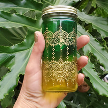 Load image into Gallery viewer, Hand Stained-Painted glass jar-yellow fading to green (Ombre) with intricate gold &#39;henna style&#39; designs.
