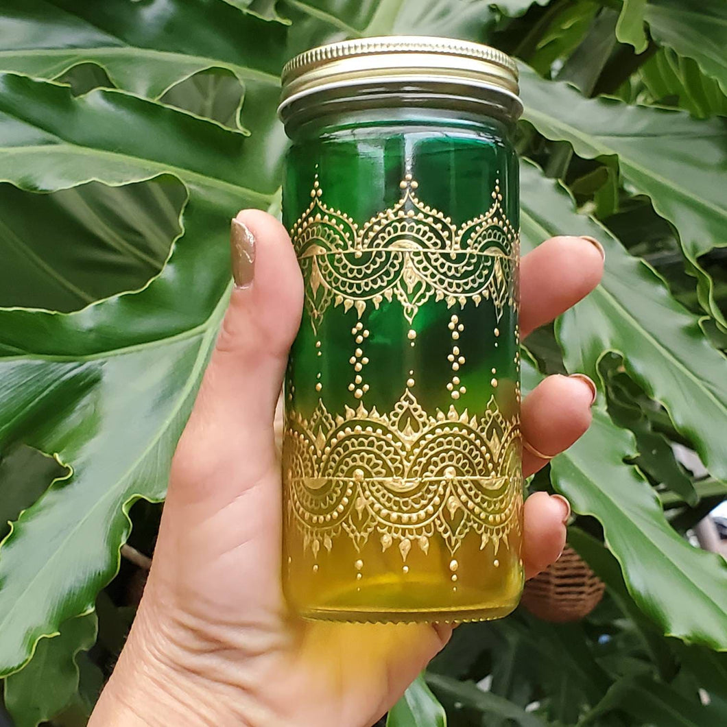 Hand Stained-Painted glass jar-yellow fading to green (Ombre) with intricate gold 'henna style' designs.