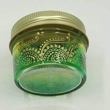 Load image into Gallery viewer, Hand Stained - Hand Painted wide mouth glass jar - yellow fading to green (ombre) with intricate gold (henna style) designs. Boho
