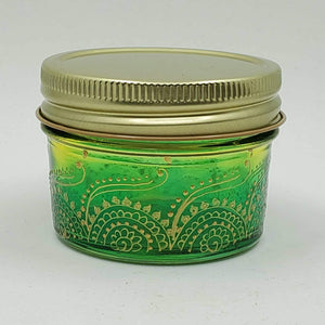 Hand Stained - Hand Painted wide mouth glass jar - yellow fading to green (ombre) with intricate gold (henna style) designs. Boho