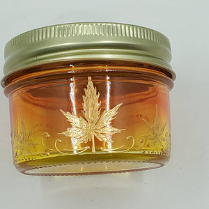 Hand Stained - Hand Painted glass nug jar - Wide Mouth! orange fading to yellow (Ombre) with gold marijuana leaves and swirls . Boho