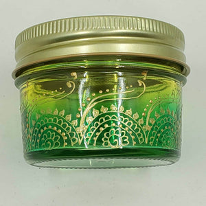 Hand Stained - Hand Painted wide mouth glass jar - yellow fading to green (ombre) with intricate gold (henna style) designs. Boho