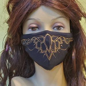 Hand painted face mask - henna inspired lotus design. 100% cotton - Washable, breathable, and Foldable. Made in the USA
