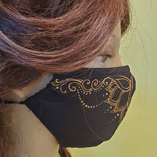 Load image into Gallery viewer, Hand painted face mask - henna inspired lotus design. 100% cotton - Washable, breathable, and Foldable. Made in the USA
