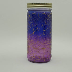 Hand Stained-Painted glass jar-purple fading to blue (ombre) with intricate gold 'henna style' designs.