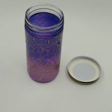 Load image into Gallery viewer, Hand Stained-Painted glass jar-purple fading to blue (ombre) with intricate gold &#39;henna style&#39; designs.
