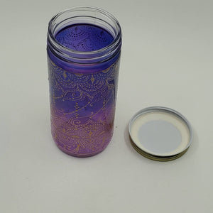 Hand Stained-Painted glass jar-purple fading to blue (ombre) with intricate gold 'henna style' designs.