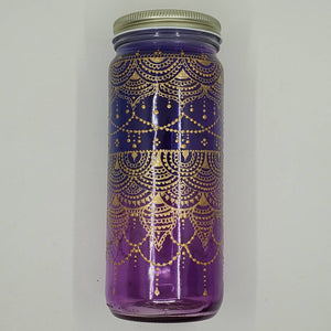 Hand Stained-Painted glass jar- purple fading to blue(ombre) with intricate gold henna style designs