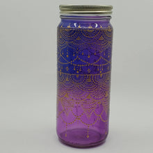 Load image into Gallery viewer, Hand Stained-Painted glass jar- purple fading to blue(ombre) with intricate gold henna style designs
