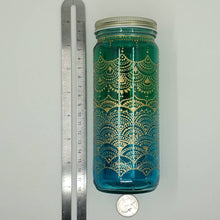 Load image into Gallery viewer, Hand Stained-Painted glass jar- green fading to blue(ombre) with intricate gold henna style designs

