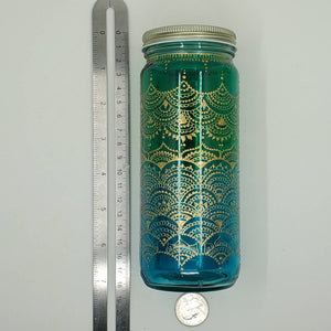 Hand Stained-Painted glass jar- green fading to blue(ombre) with intricate gold henna style designs
