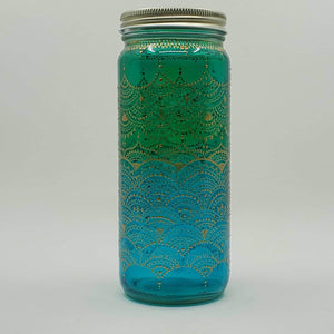 Hand Stained-Painted glass jar- green fading to blue(ombre) with intricate gold henna style designs