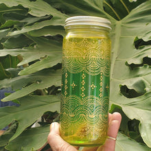 Load image into Gallery viewer, Hand Stained-Painted glass jar- green fading to yellow (ombre) with intricate gold henna style designs
