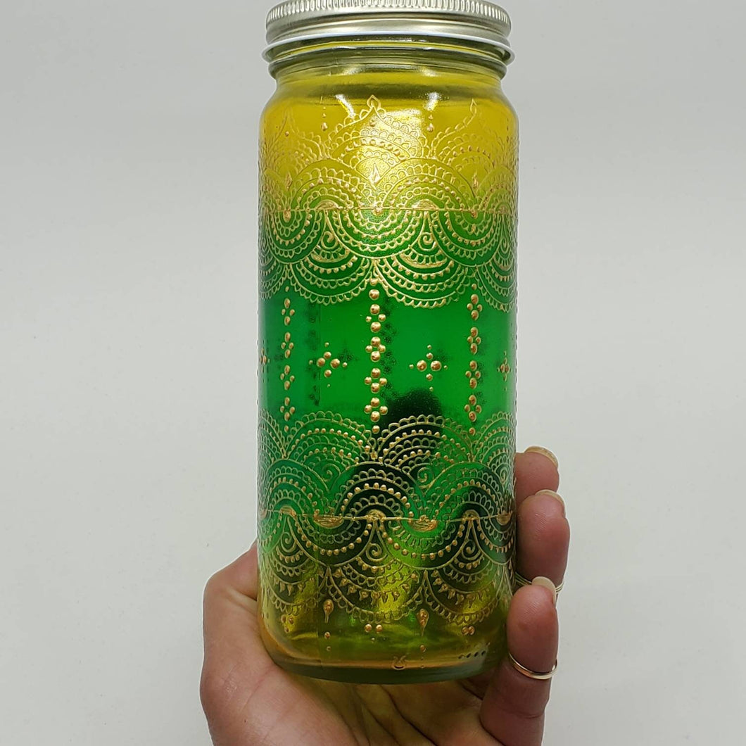Hand Stained-Painted glass jar- green fading to yellow (ombre) with intricate gold henna style designs