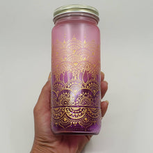 Load image into Gallery viewer, Hand Stained-Painted glass jar- purple fading to pink (ombre) with intricate gold henna style designs
