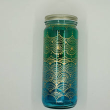 Load image into Gallery viewer, Hand Stained-Painted glass jar- green fading to blue(ombre) with intricate gold henna style designs
