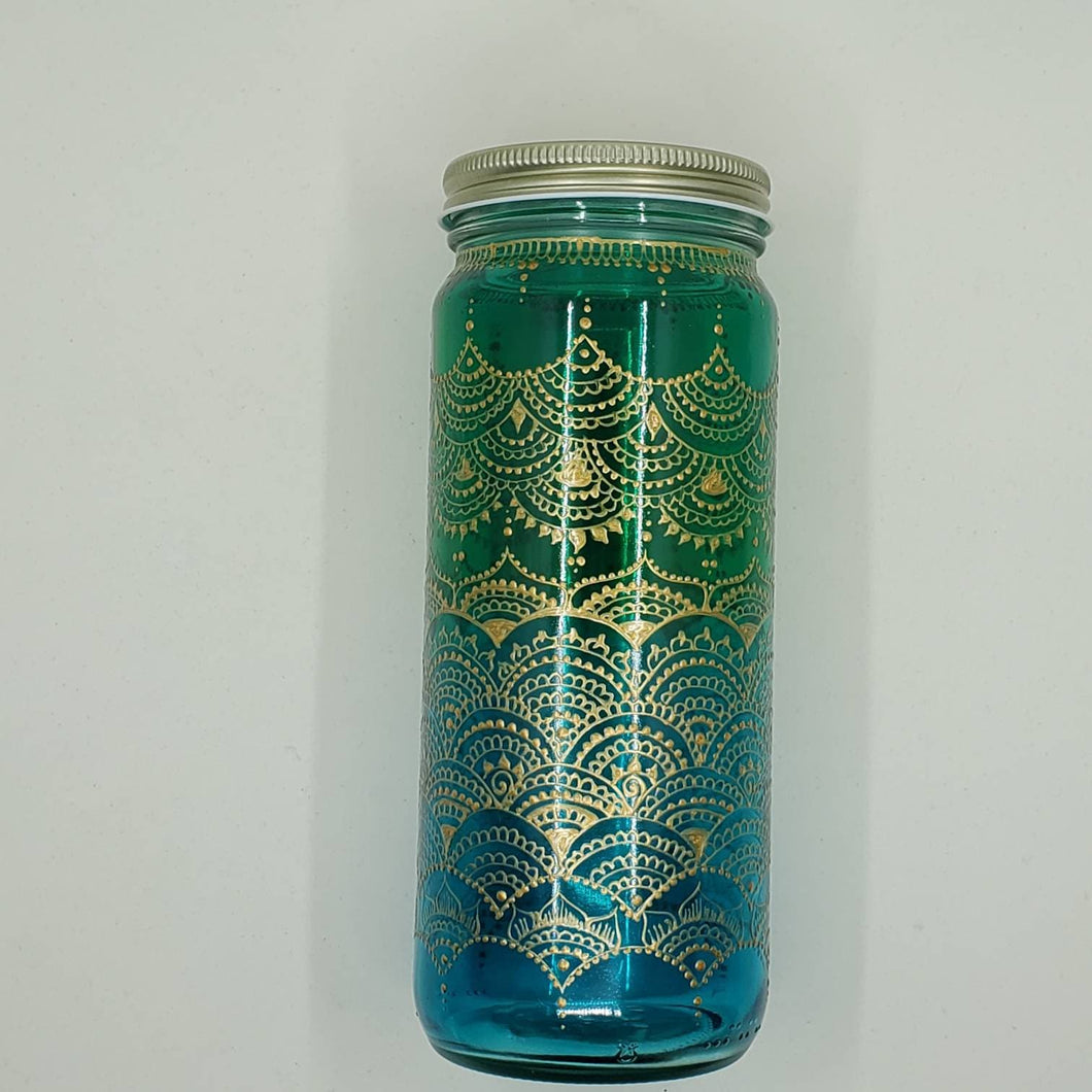 Hand Stained-Painted glass jar- green fading to blue(ombre) with intricate gold henna style designs
