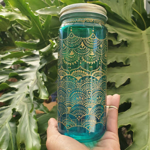 Hand Stained-Painted glass jar- green fading to blue(ombre) with intricate gold henna style designs