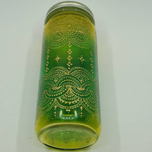 Load image into Gallery viewer, Hand Stained-Painted glass jar- green fading to yellow (ombre) with intricate gold henna style designs
