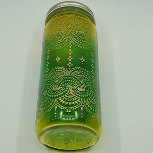 Hand Stained-Painted glass jar- green fading to yellow (ombre) with intricate gold henna style designs