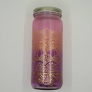Hand Stained-Painted glass jar- purple fading to pink (ombre) with intricate gold henna style designs