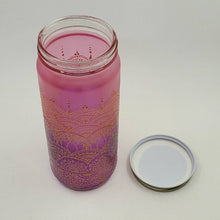 Load image into Gallery viewer, Hand Stained-Painted glass jar- purple fading to pink (ombre) with intricate gold henna style designs

