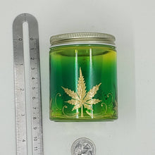Load image into Gallery viewer, Hand Stained - Hand Painted glass nug jar - green fading to yellow (Ombre) with gold marijuana leaves and swirls . Boho
