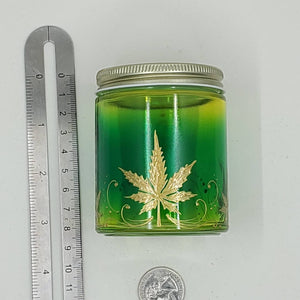 Hand Stained - Hand Painted glass nug jar - green fading to yellow (Ombre) with gold marijuana leaves and swirls . Boho