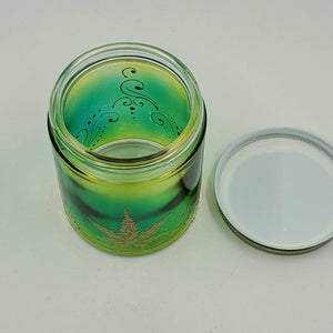 Hand Stained - Hand Painted glass nug jar - green fading to yellow (Ombre) with gold marijuana leaves and swirls . Boho