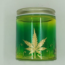 Load image into Gallery viewer, Hand Stained - Hand Painted glass nug jar - green fading to yellow (Ombre) with gold marijuana leaves and swirls . Boho
